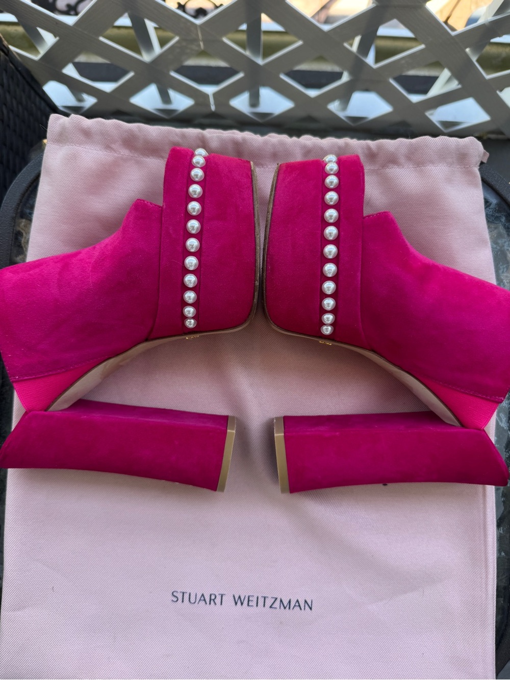 Stuart Weitzman SkyHigh Hot Pink Pearl-Trim Studded Platform Mules Sandals - Picture 3 of 8